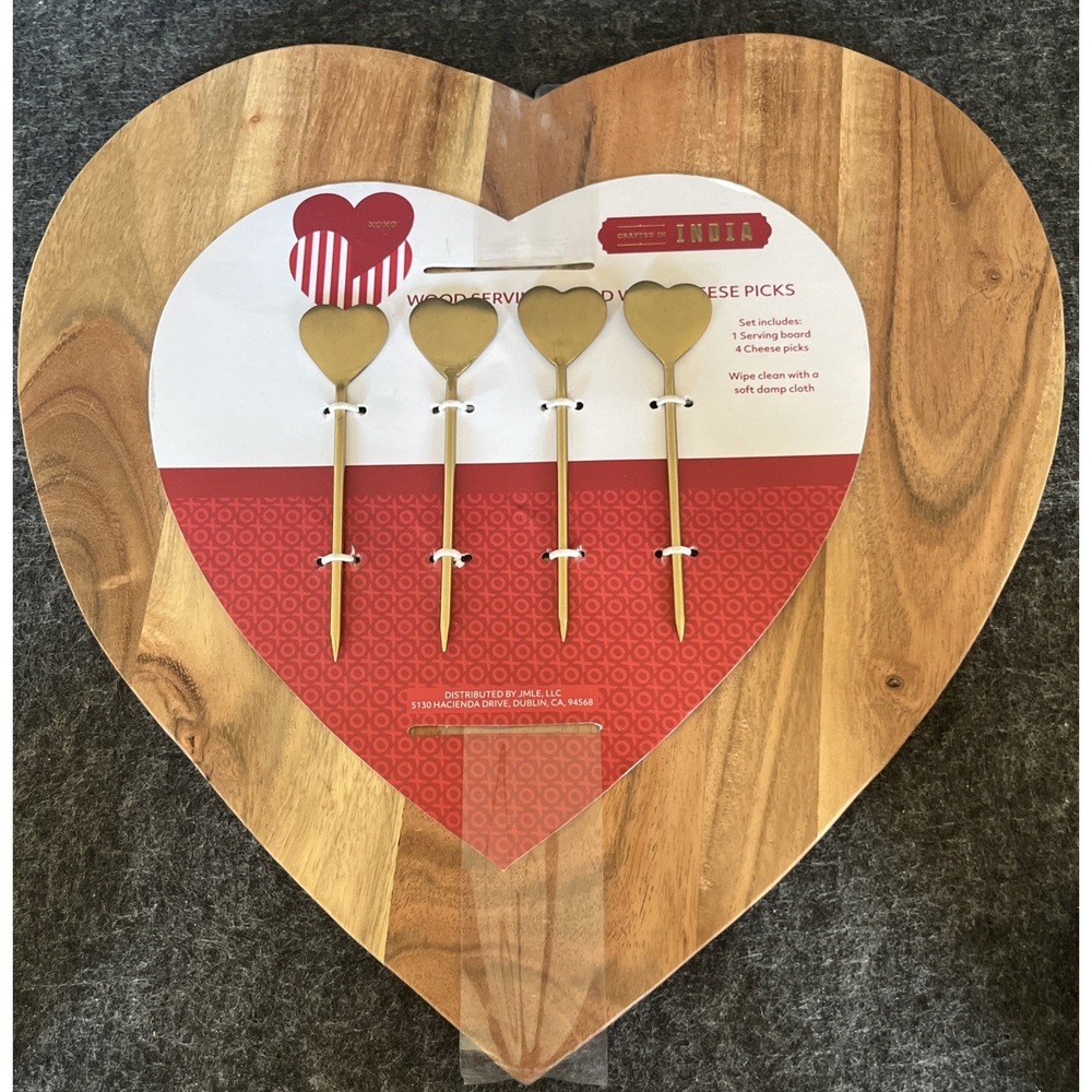 Heart Shaped Valentine Cheese Charcuterie Wood Board Tray 12" w/Cheese Picks